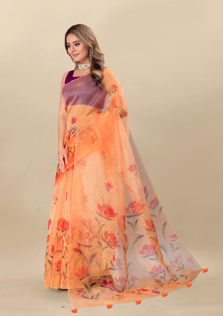 Golden Digital Print Organza Silk Saree Set