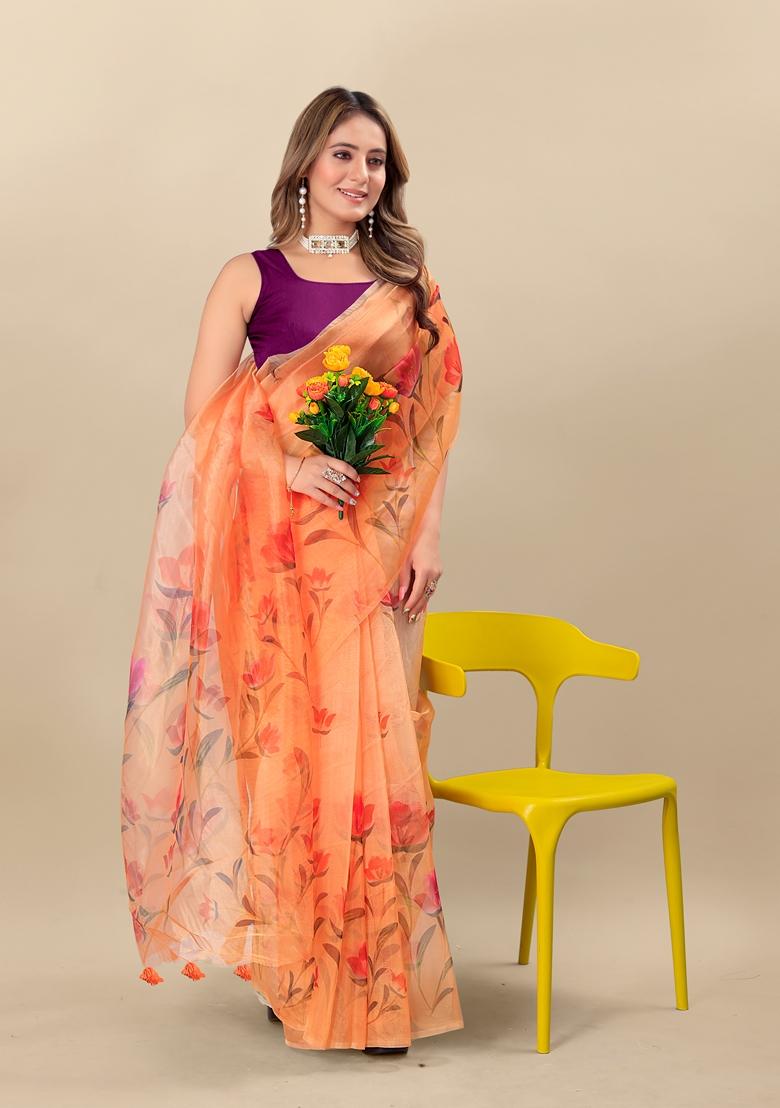 Golden Digital Print Organza Silk Saree Set