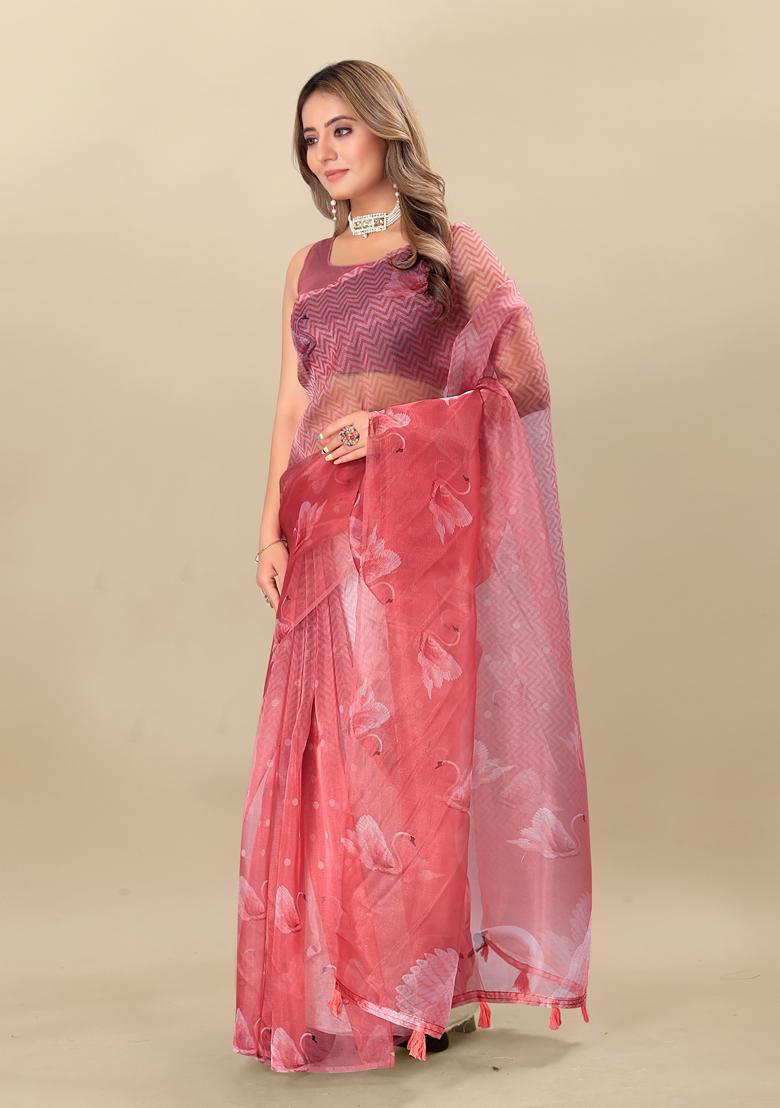 Golden Digital Print Organza Silk Saree Set