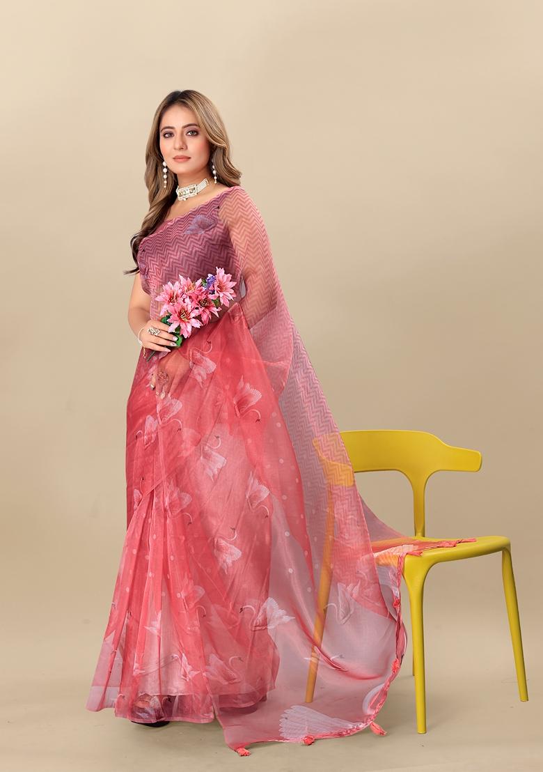 Golden Digital Print Organza Silk Saree Set