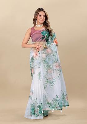 Golden Digital Print Organza Silk Saree Set