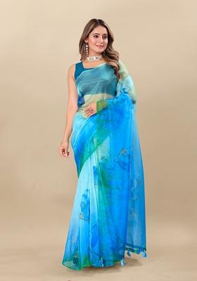 Golden Digital Print Organza Silk Saree Set