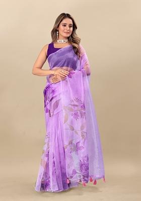 Golden Digital Print Organza Silk Saree Set