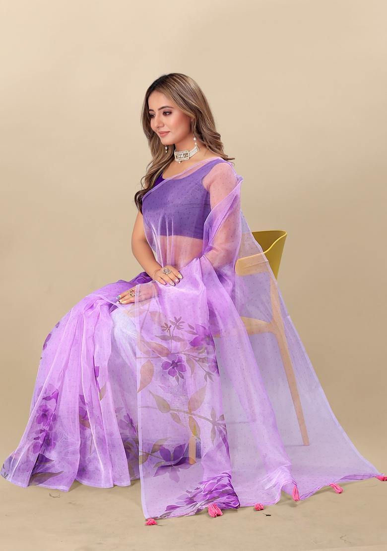 Golden Digital Print Organza Silk Saree Set