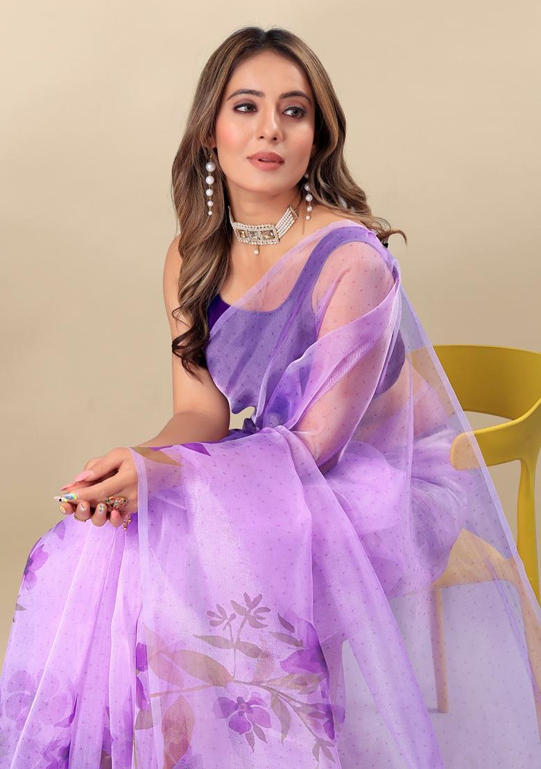 Golden Digital Print Organza Silk Saree Set