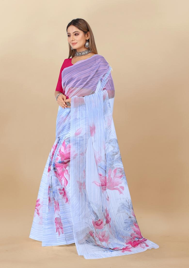 Golden Digital Print Organza Silk Saree Set