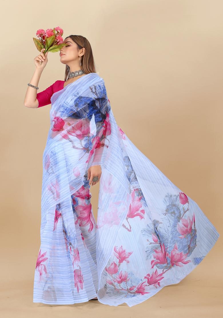 Golden Digital Print Organza Silk Saree Set