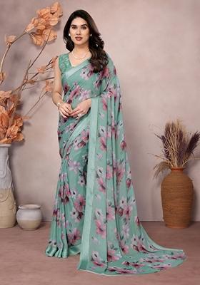 Golden Printed Moss Satin Saree Set