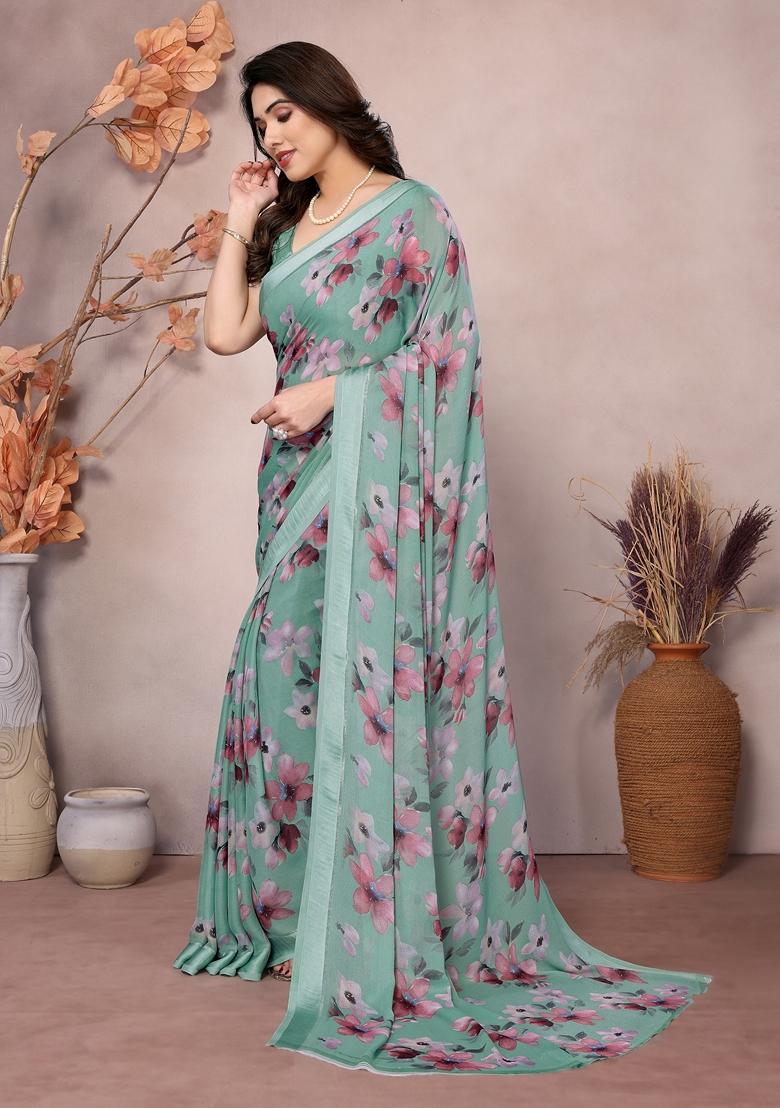 Golden Printed Moss Satin Saree Set
