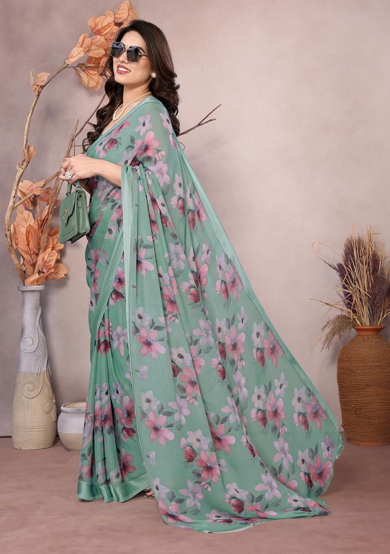 Golden Printed Moss Satin Saree Set