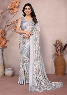 Golden Printed Moss Satin Saree Set