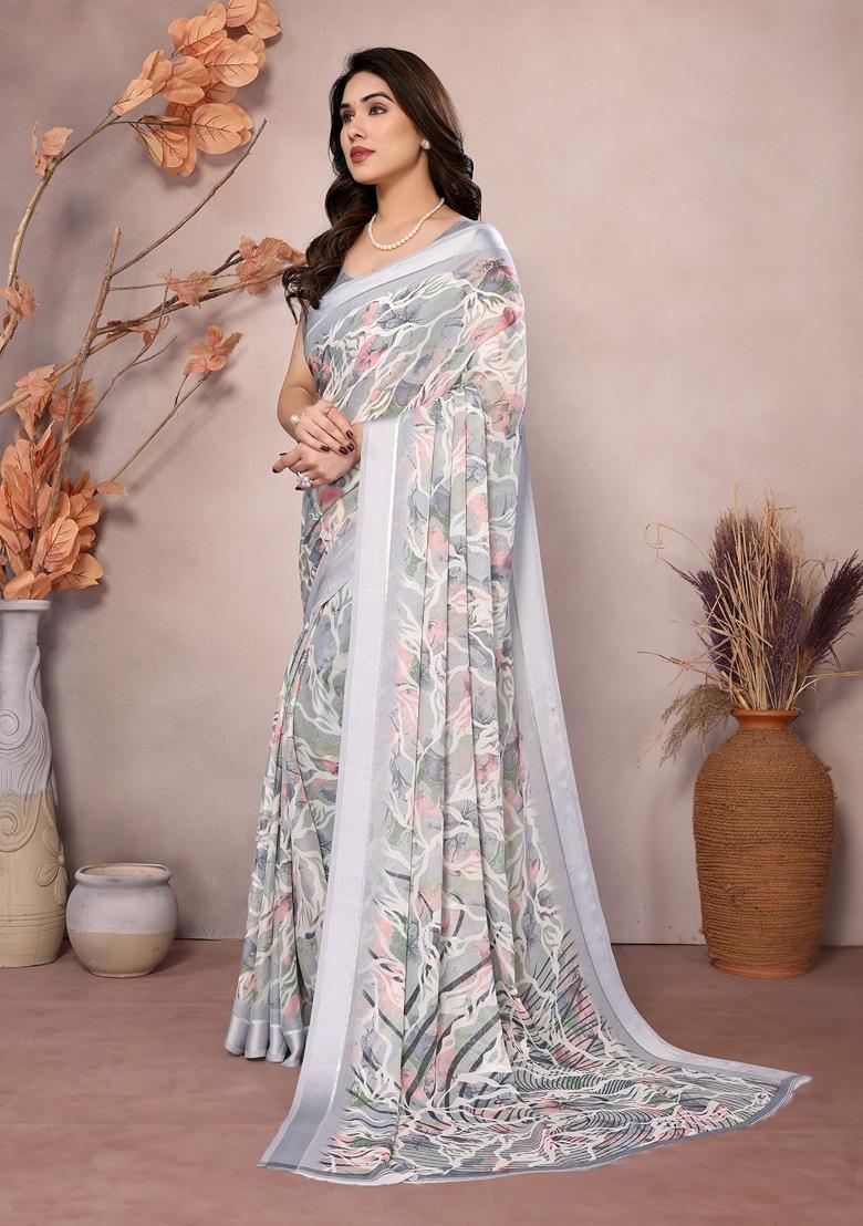 Golden Printed Moss Satin Saree Set
