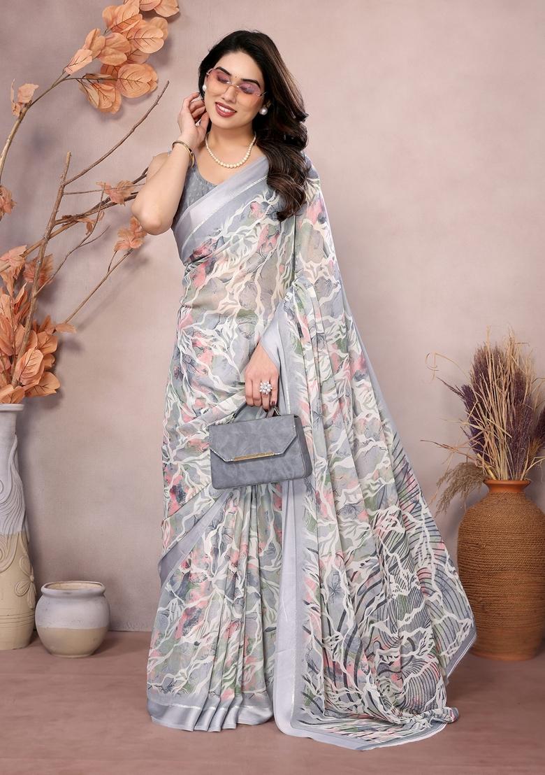 Golden Printed Moss Satin Saree Set