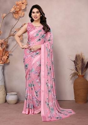 Golden Printed Moss Satin Saree Set
