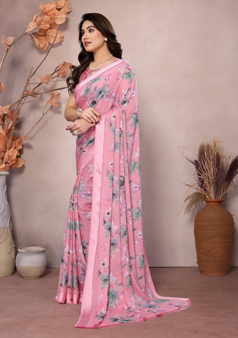 Golden Printed Moss Satin Saree Set