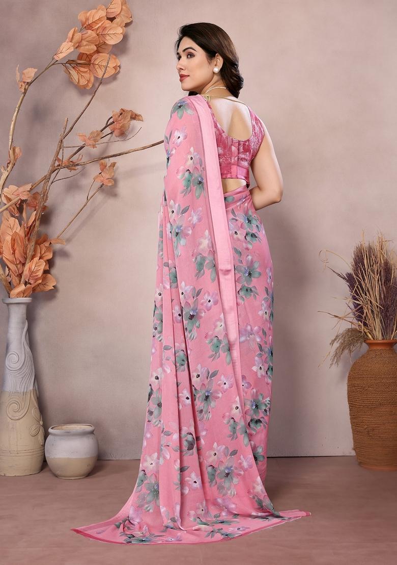 Golden Printed Moss Satin Saree Set