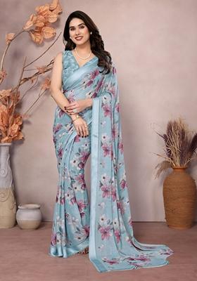 Golden Printed Moss Satin Saree Set