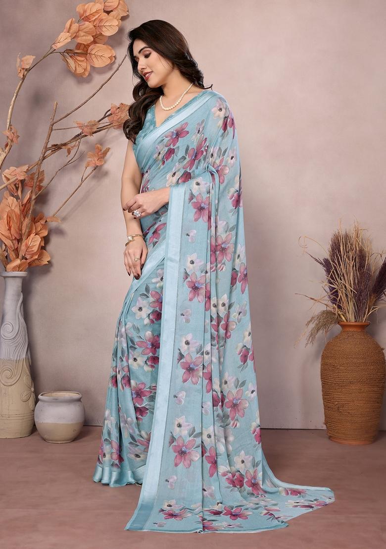 Golden Printed Moss Satin Saree Set