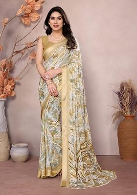 Golden Printed Moss Satin Saree Set