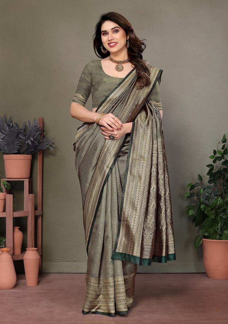 Golden Jacquard Litchi Silk Saree Set