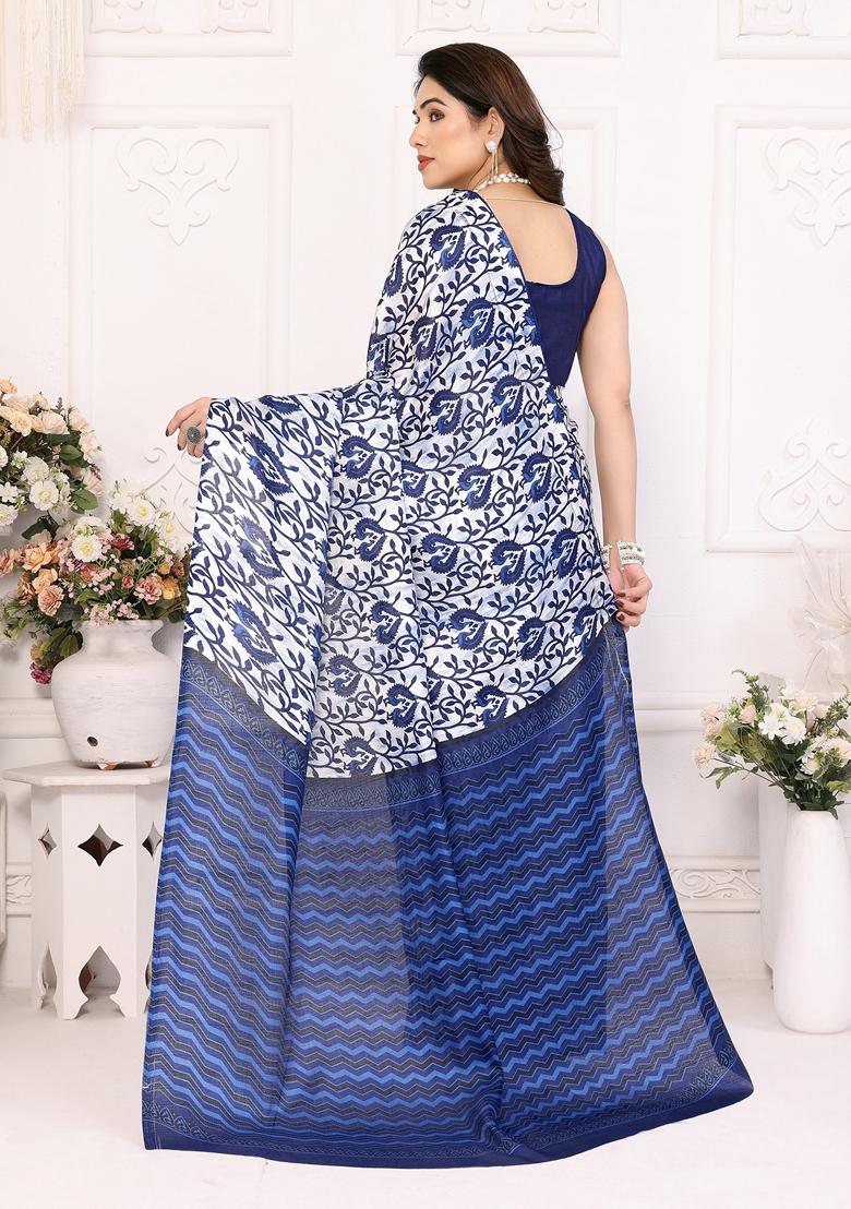 Golden Printed Khadi Cotton Saree Set