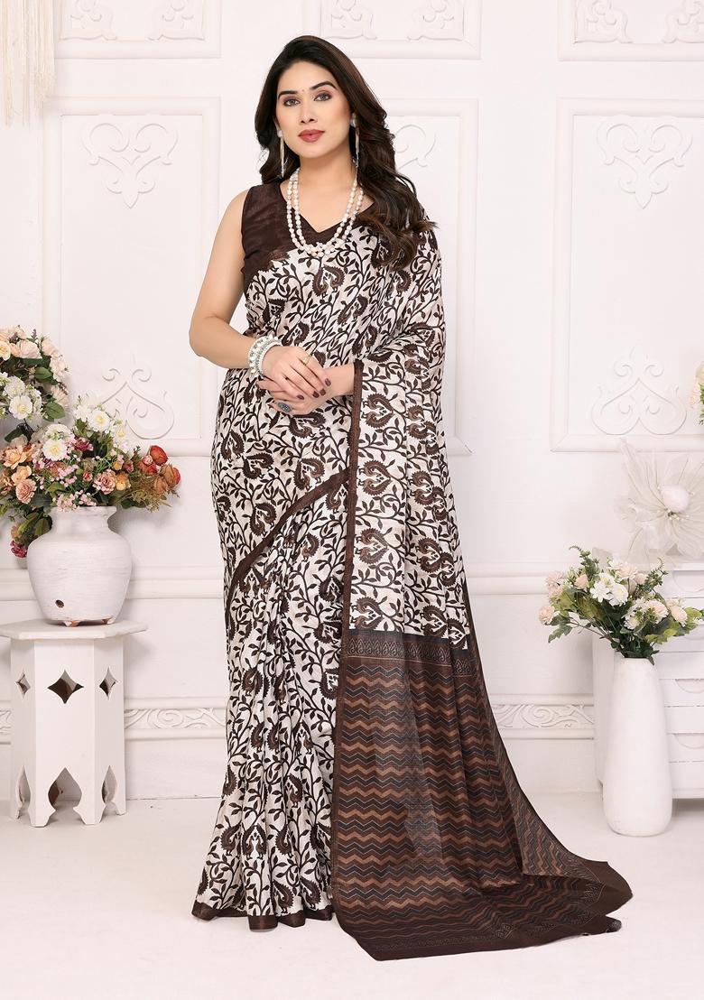 Golden Printed Khadi Cotton Saree Set