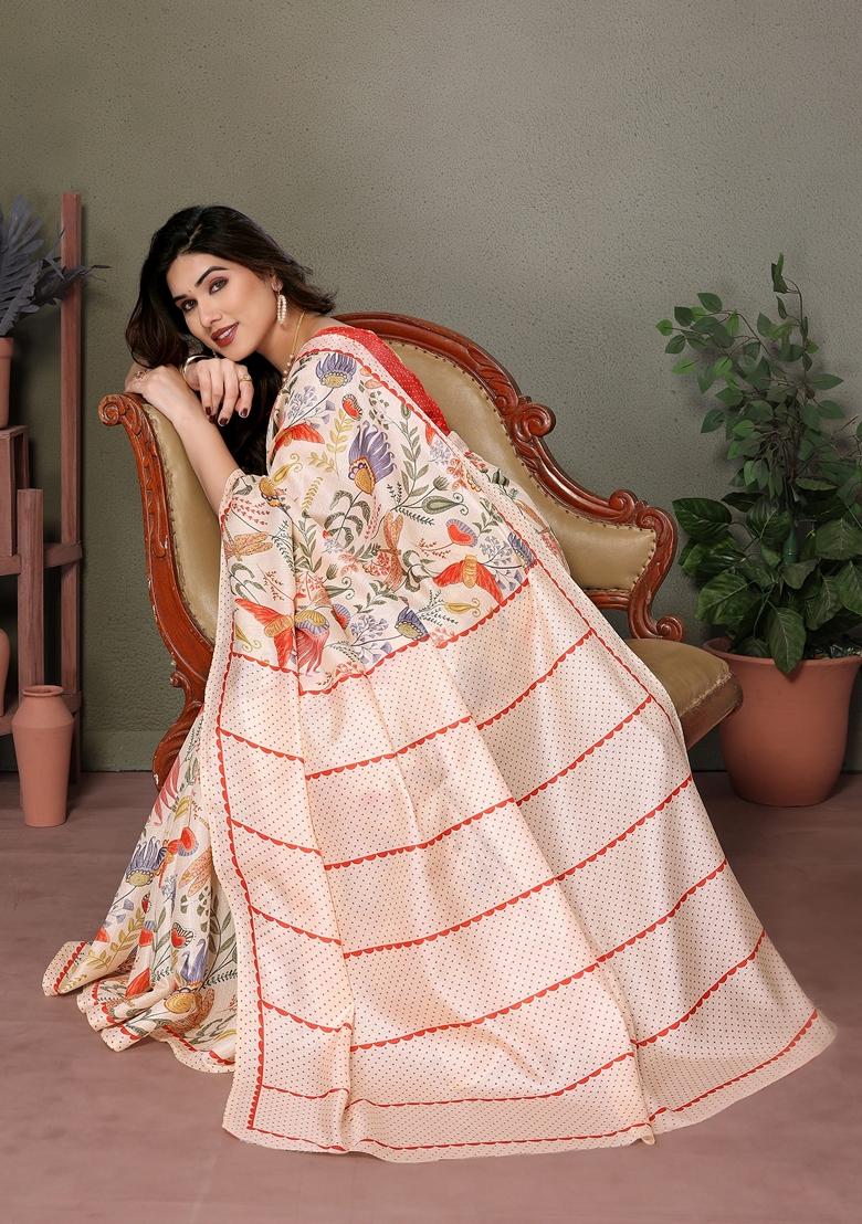 Golden Printed Khadi Cotton Saree Set