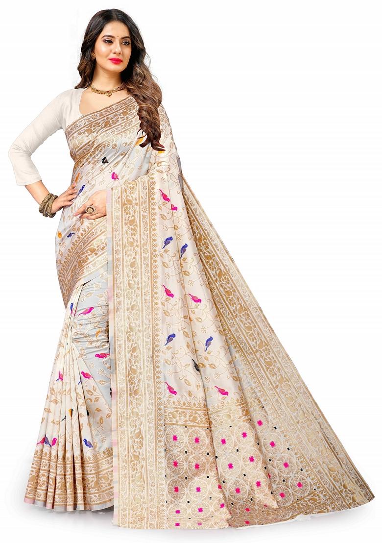 Golden Jacquard Litchi Silk Saree Set