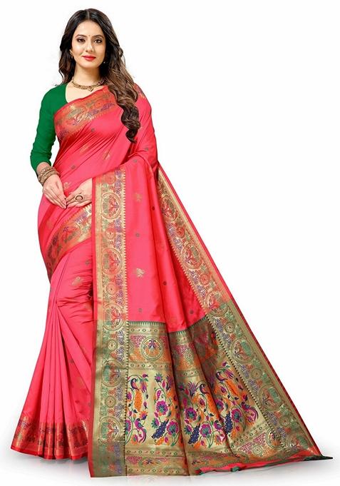 Jacquard Lichi Silk Red Saree With Unstiched Blouse Piece