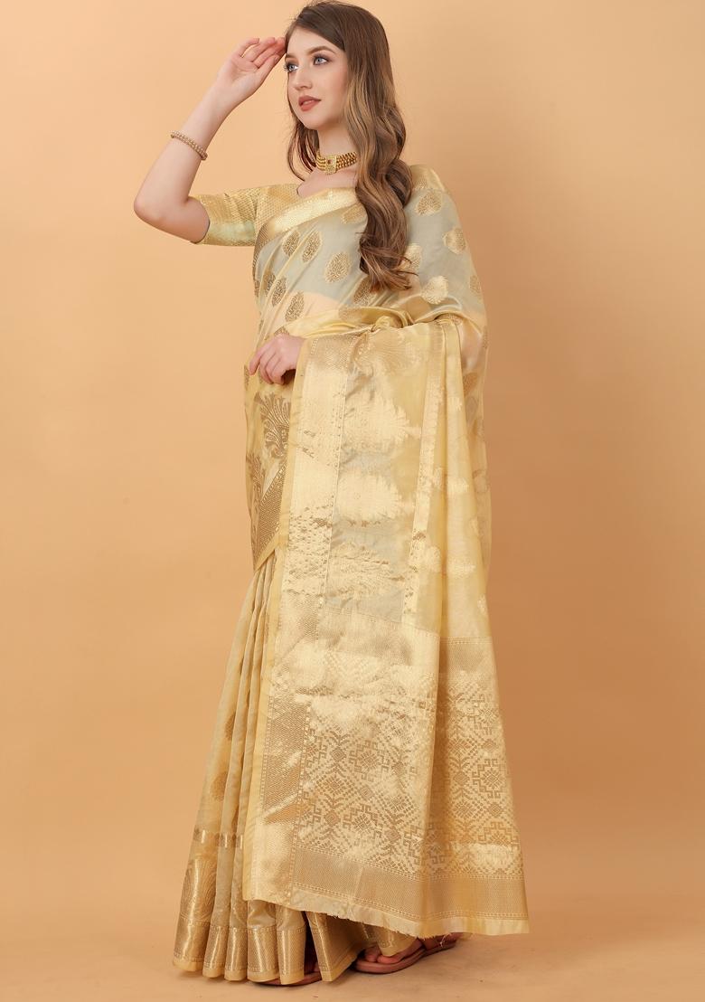 Golden Jacquard Organza Silk Saree Set
