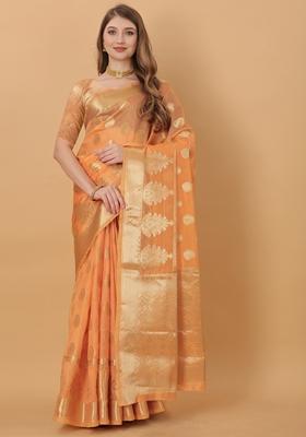 Orange Jacquard Organza Silk Saree Set