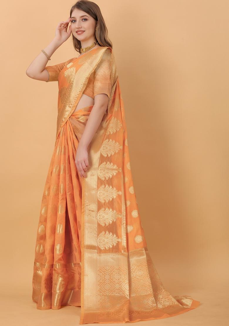 Orange Jacquard Organza Silk Saree Set