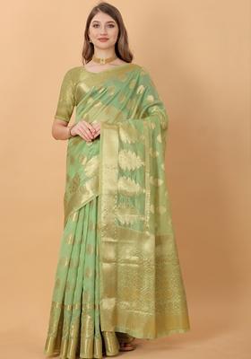 Parrot Green Jacquard Organza Silk Saree Set
