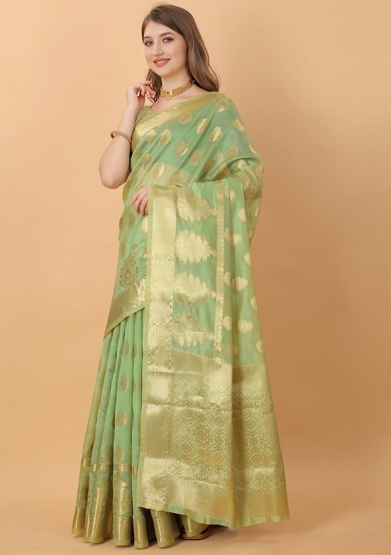 Parrot Green Jacquard Organza Silk Saree Set