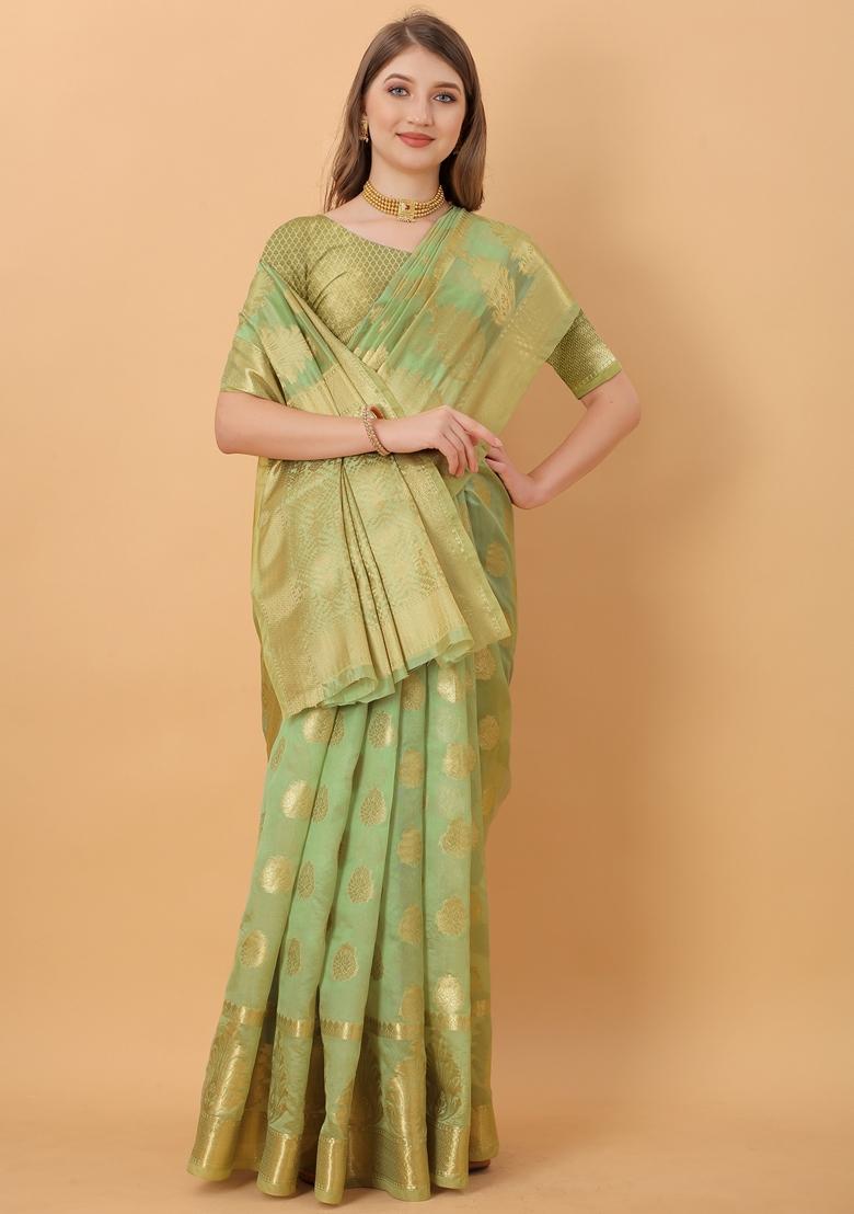 Parrot Green Jacquard Organza Silk Saree Set