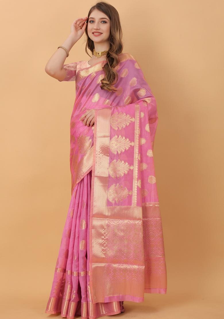 Pink Jacquard Organza Silk Saree Set