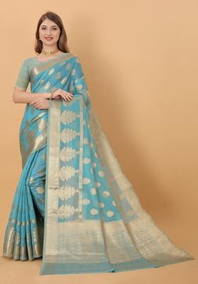 Rama Blue Jacquard Organza Silk Saree Set