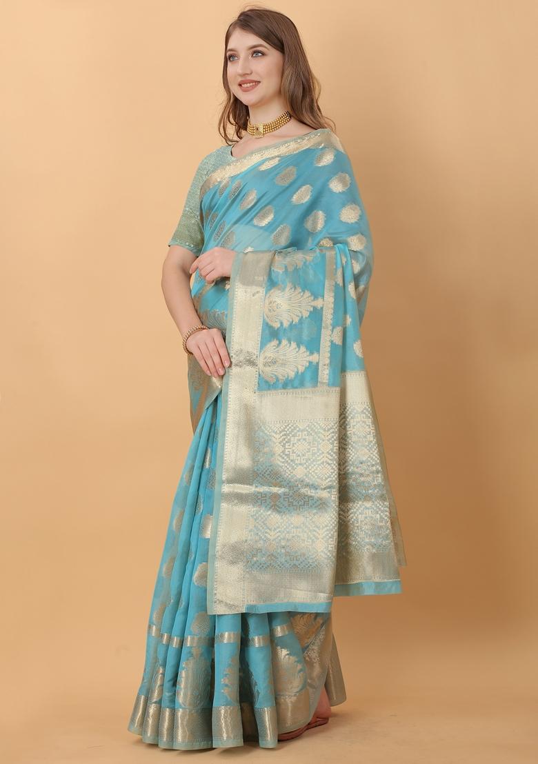Rama Blue Jacquard Organza Silk Saree Set