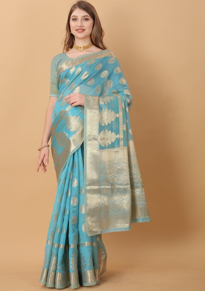 Rama Blue Jacquard Organza Silk Saree Set