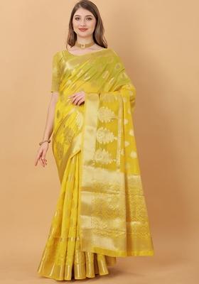 Yellow Jacquard Organza Silk Saree Set