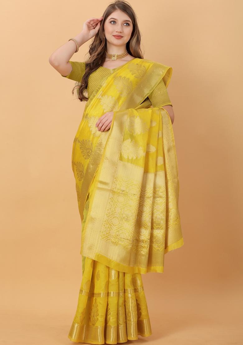 Yellow Jacquard Organza Silk Saree Set