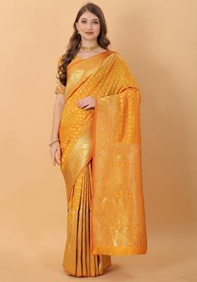 Mustard Yellow Jacquard Litchi Silk Saree Set