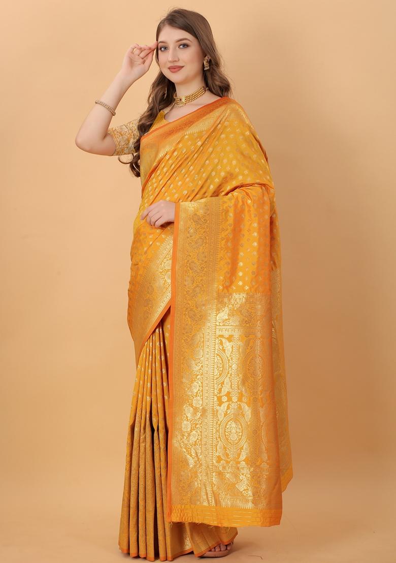 Mustard Yellow Jacquard Litchi Silk Saree Set