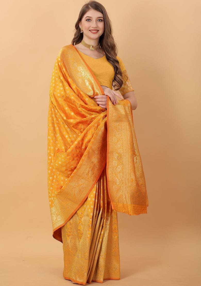 Mustard Yellow Jacquard Litchi Silk Saree Set
