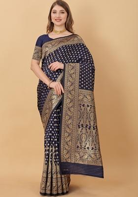 Navy Blue Jacquard Litchi Silk Saree Set