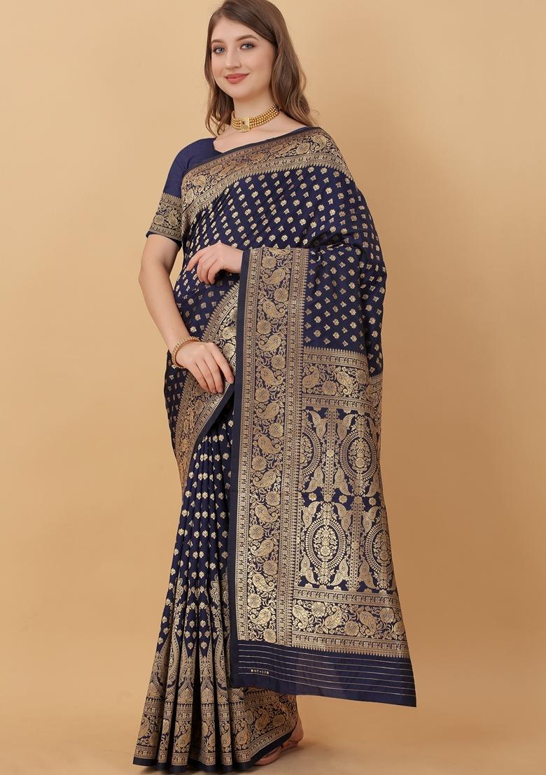 Navy Blue Jacquard Litchi Silk Saree Set