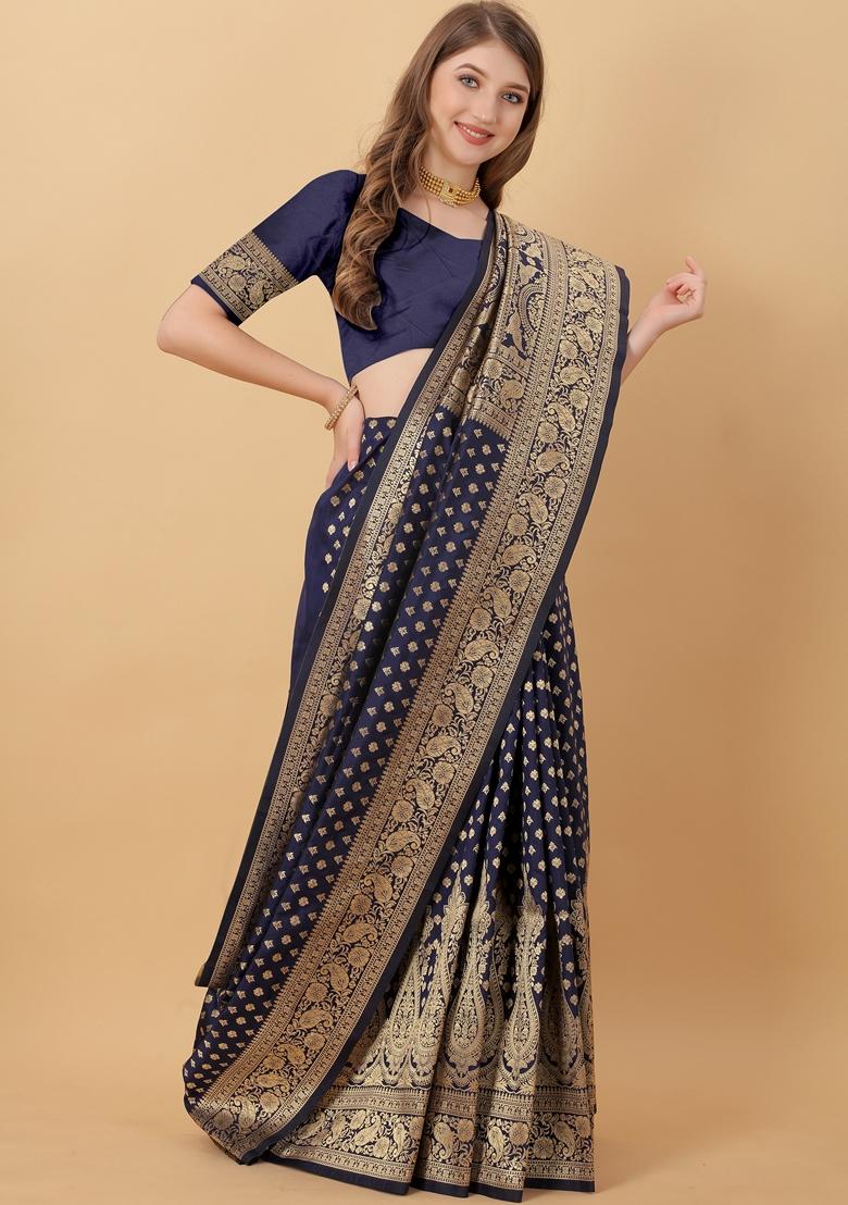 Navy Blue Jacquard Litchi Silk Saree Set