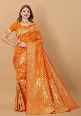 Orange Jacquard Litchi Silk Saree Set