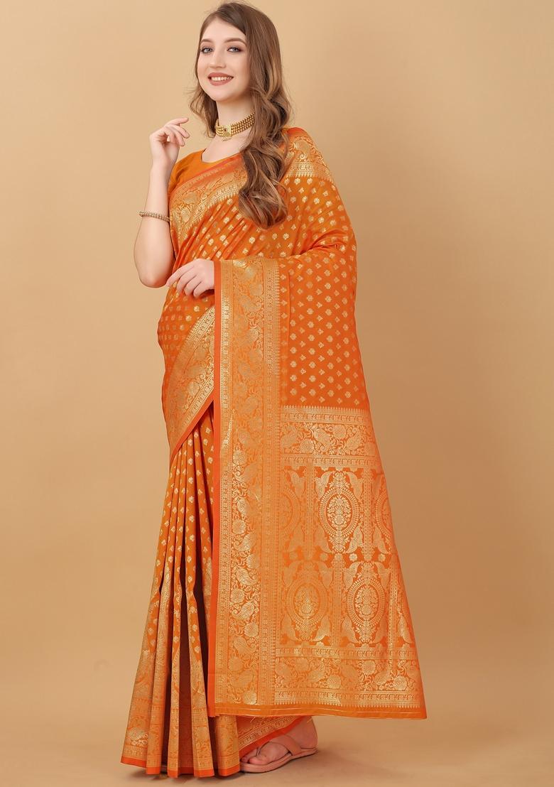 Orange Jacquard Litchi Silk Saree Set