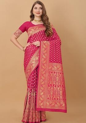 Pink Jacquard Litchi Silk Saree Set